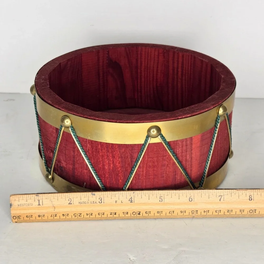 Vintage Wooden Nutcracker Drum Bowl Red Brass Gold Tassel Christmas Decor Vase